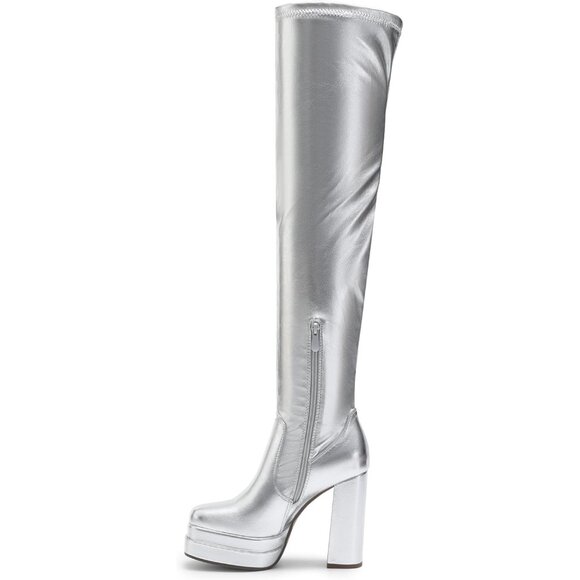 Women's Silver Polyurethane (PU) Square Toe Over The Knee Thigh High Boots - Picture 3 of 7